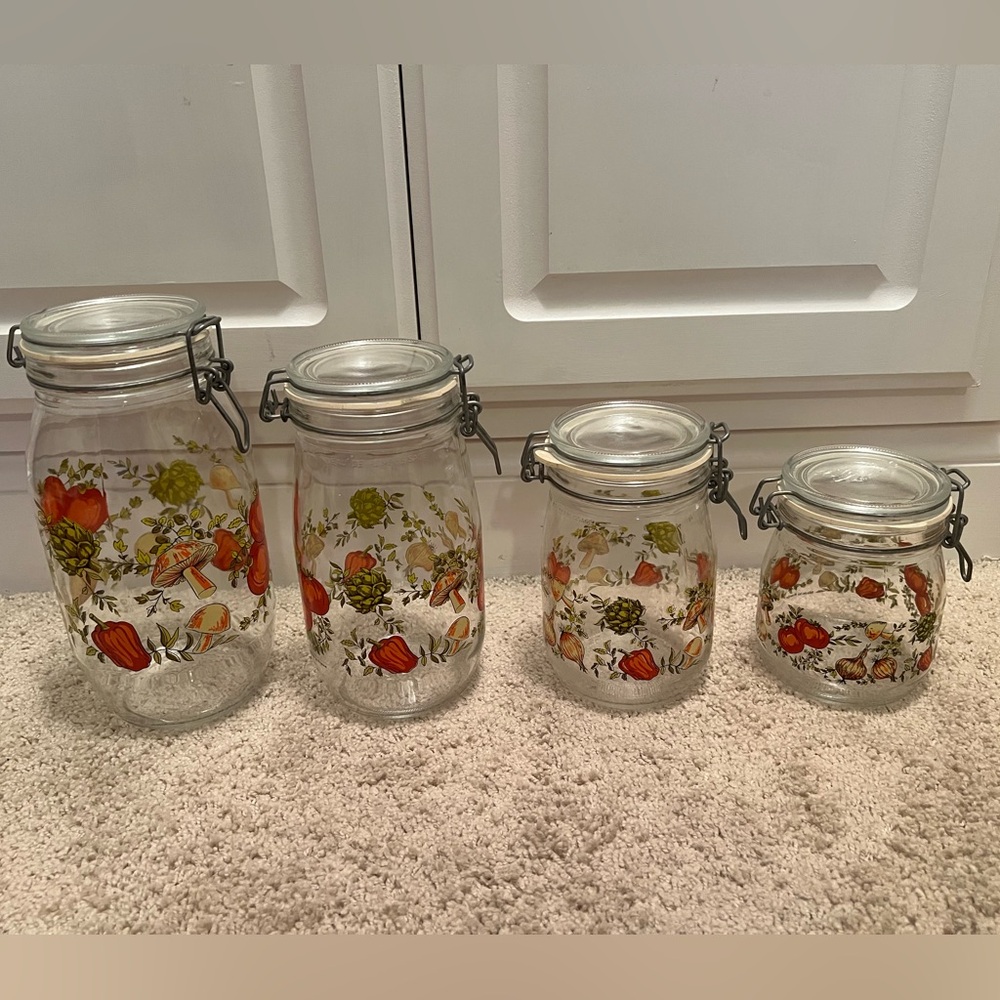 VTG ARC France Niveau De Remplissage Glass Canisters, Spice of Life Pattern